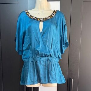 bebe Teal Blouse with Embellished Neckline